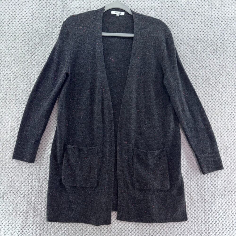 Madewell Sweater Womens XS Dark Gray Wool Blend Red Long Open Front Cardigan